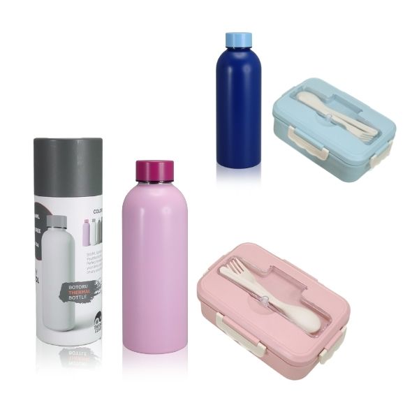 סט הכולל: 
קופסת אוכל רב פעמית עם סכום + 
בקבוק תרמי מעוצב בקופסת גליל ML500.